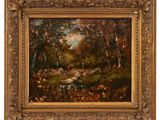 un tableau représentant un paysage boisé avec un ruisseau et des arbres