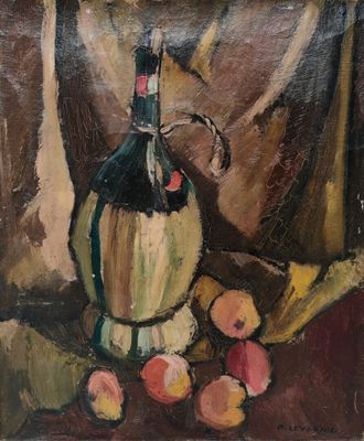 tableau représentant une bouteille de vin et des fruits posés sur une table