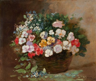 tableau représentant un panier de fleurs posé sur une table recouverte d'une nappe