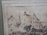 a drawing of a horse drawn carriage being pulled by two horses
