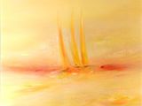 une peinture abstraite représentant trois voiliers naviguant sur l'océan