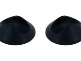pair of black plastic ear plug covers on a white background