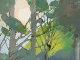 tableau représentant des arbres dans une forêt, avec le soleil qui filtre à travers les branches