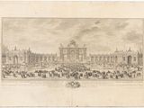 an old drawing of a crowd of people in front of a building