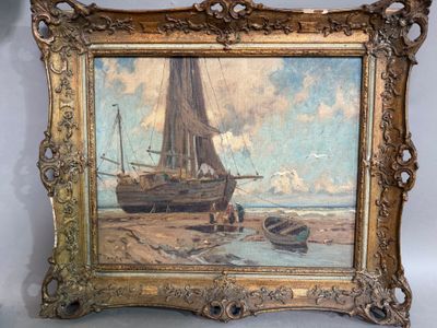 une image d'un tableau représentant un bateau sur la plage