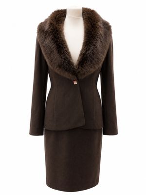 un costume marron à col en fourrure sur un mannequin, un mannequin, un mannequin, un mannequin, un mannequin, un mannequin, un mannequin, un mannequin, un mannequin, un mannequin, un mannequin, un mannequin, un mannequin, un mannequin, un mannequin, un mannequin, un mannequin, un mannequin, un mannequin, un mannequin, un mannequin, un mannequin, un mannequin, un mannequin, un mannequin, un mannequin, un mannequin, un mannequin, un mannequin, un mannequin, un mannequin, un mannequin, un