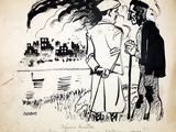 drawing of a man and a woman standing next to each other in a field