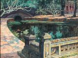 painting of a painting of a bridge over a pond in a park