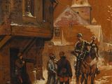 tableau représentant un groupe d'hommes à cheval descendant une rue enneigée