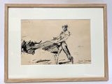 drawing of a man pulling a horse by a rope in a wooden frame