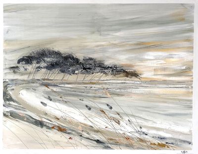 une peinture représentant une peinture d'une plage avec de l'herbe et de l'eau