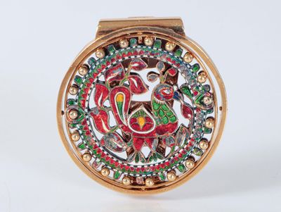 Pince à billets circulaire en or à décor ajouré et émaillé d'oiseau pa - Photo 1