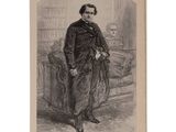 an old black and white drawing of a man standing in a room