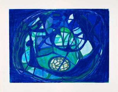 abstract painting of blue and green shapes with a white background