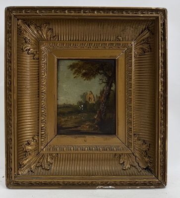 an old painting of a man and a dog in a wooded landscape
