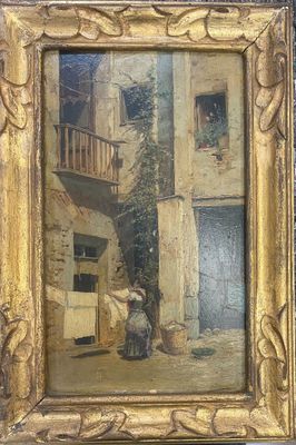 an old painting of a woman in a courtyard with a dog