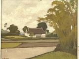 an image of a painting of a country road with a house in the background
