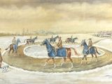 un tableau représentant un groupe de personnes à cheval dans la neige