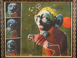 painting of a monkey with a clown ' s hat and a clown ' s face