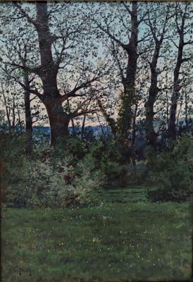 un tableau représentant un cheval dans un champ, avec des arbres en arrière-plan