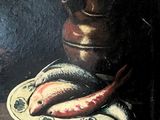 a painting of fish on a plate next to a vase