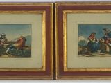 two framed paintings of a couple of people riding horses