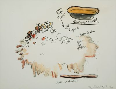 un dessin représentant un bol de soupe et une corbeille de pain posés sur une table