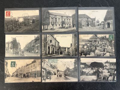 several old black and white photos of people and buildings on a street