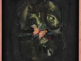 une peinture à l'huile représentant une femme avec une fleur dans la bouche