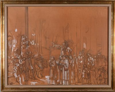 an image of a drawing of a group of people on horseback