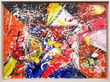 peinture abstraite réalisée à l'aide de peinture rouge, jaune, bleue et blanche sur un châssis blanc