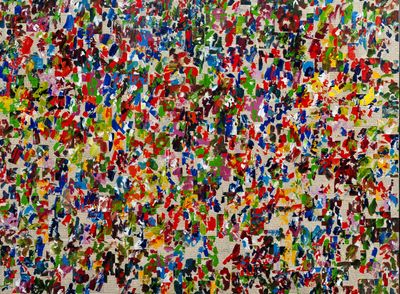 an abstract painting of multicolored paint splattered on a wall