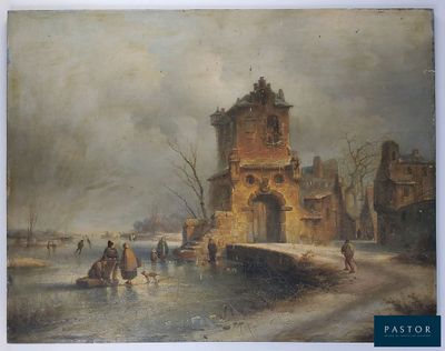 une image représentant un tableau où l'on voit des personnes sur une rivière gelée