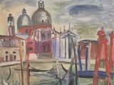 painting of a gondola in a canal with a church in the background