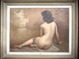 tableau représentant une femme nue assise sur une serviette devant un fond marron
