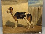 une peinture à l'huile représentant un chien debout devant une clôture