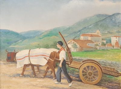 a painting of a man pulling a cart with a horse