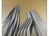 an image of a painting of a couple of buildings with blue and white stripes
