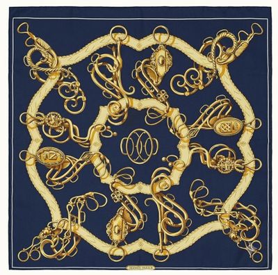 foulard carré en soie bleu et or, orné de perles dorées et argentées