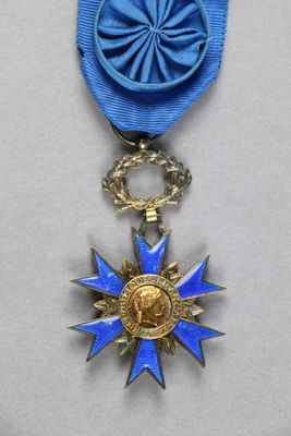 La médaille est bleue et dorée, avec une étoile au centre.