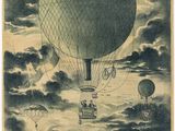 un vieux dessin représentant une montgolfière survolant une ville