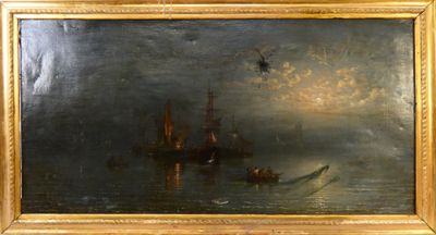 une peinture représentant un bateau sur un plan d'eau, avec un oiseau qui vole au-dessus