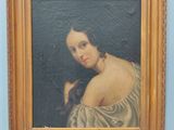 an old painting of a woman holding a cat in a gold frame