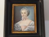 portrait of a woman in a white dress with a pink bow in a black frame