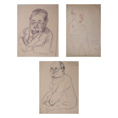 quatre dessins représentant un homme à lunettes et barbu