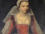 un tableau représentant une femme en robe rouge et blanche