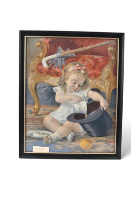 tableau représentant une petite fille assise sur une chaise, un chapeau sur la tête