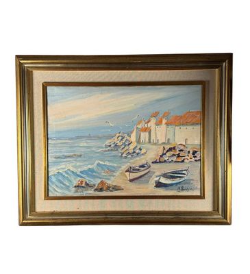 framed oil painting of a beach scene with boats and buildings