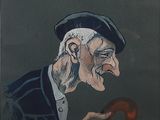 tableau représentant un vieil homme avec un chapeau et une canne