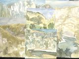 une peinture représentant un paysage de montagne, réalisée à l'aquarelle